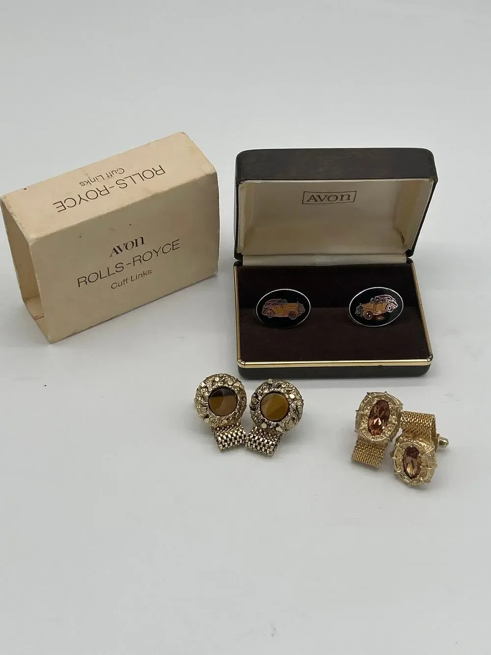 Vintage Cufflink Lot Avon Rolls Royce 1972 Gold Tone Mesh Wrap Cufflinks 3 Pairs